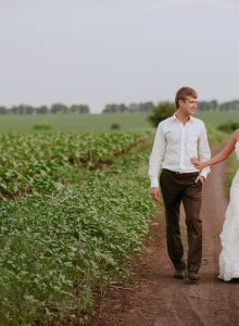 bride and groom country walk